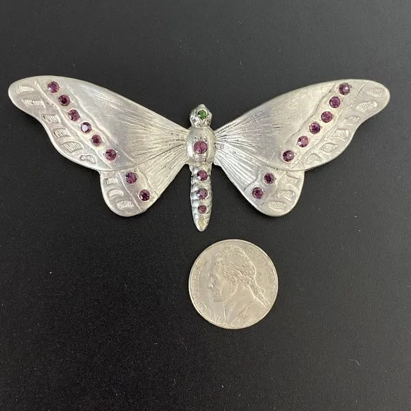Vintage Silver Tone Rhinestone Butterfly Moth Brooch Pin Purple & Green Stones - Image 6