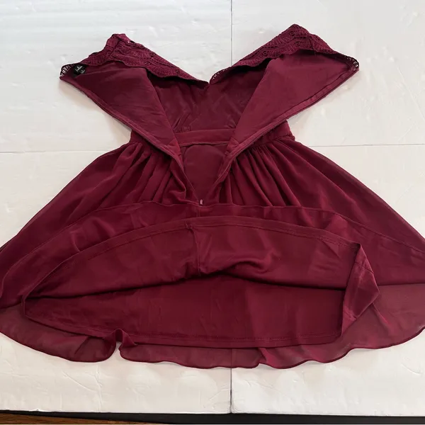 Lulus Angel in Disguise Burgundy Lace Chiffon Flare Skater Dress SMALL‎ - Image 7