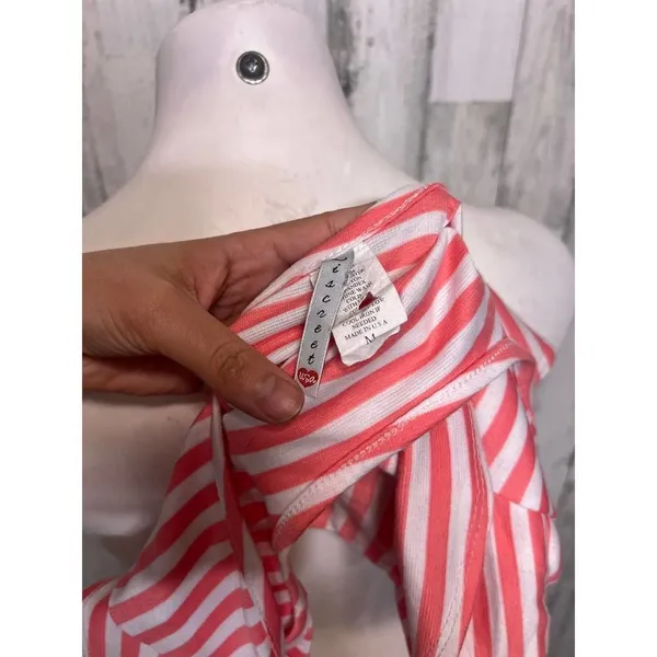 Crop Top Womens Medium Coral Pink White Striped Scoop Neck Short Sleeve - Image 4