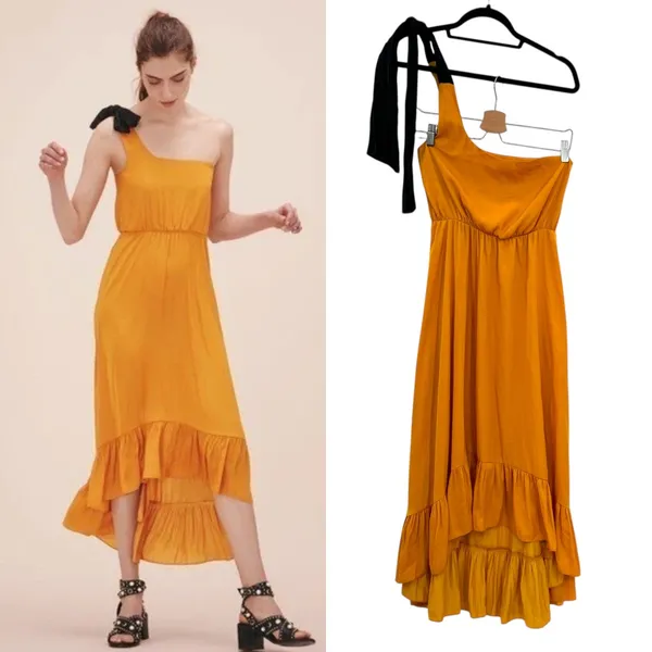 Maje Rasti One-Shoulder Dress Long High-Lo Satin Yellow Size 1 US‎ Small - Image 2