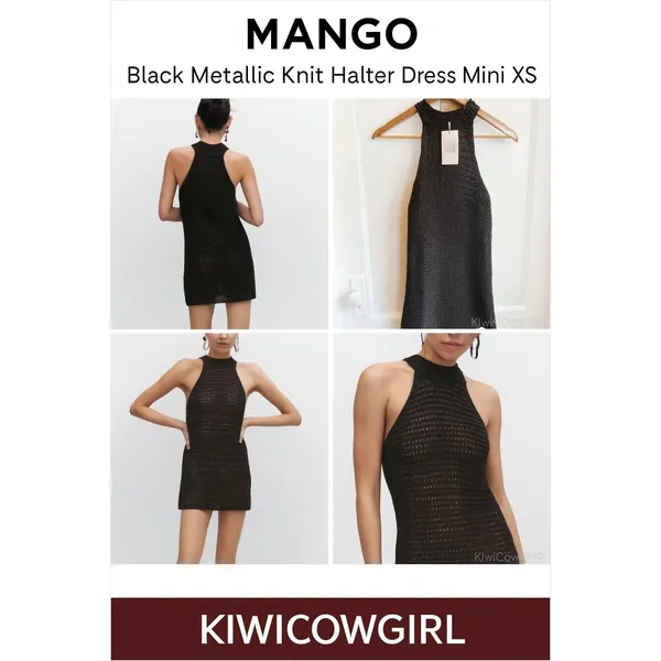 Mango Black Metallic Knit Halter Mini Dress XS Open Crochet Shimmer - Image 15