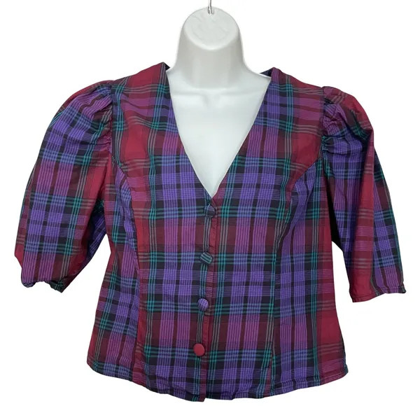 Zara Plaid Puff Sleeve Blouse‎ Women Size Medium Purple Red V-Neck Button Front - Image 4