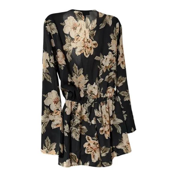 Lulus Floral Romper Womens Small‎ Black Excellent Long Bell Sleeve V-Neck Boho - Image 5