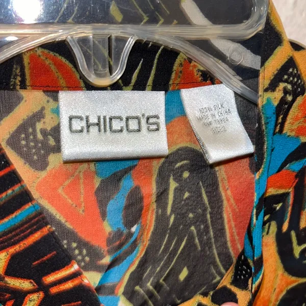 Chicos Womens Abstract 100% Silk Blouse Size 2/Large Multicolored Sheer Picasso - Image 6