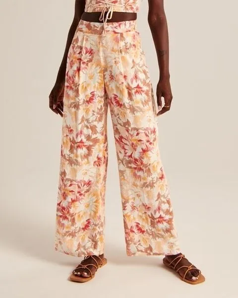 ✨Abercrombie & Fitch Linen-Blend Pull-On Wide Leg Orange Pattern Sz Small R Pant - Image 2