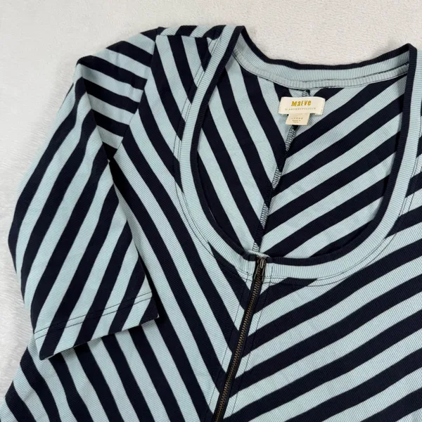 Maeve Anthropologie Womens Large Blue Navy Striped‎ Zip Front 3/4 Sleeve Rib Top - Image 6