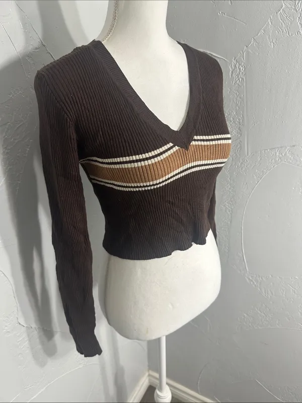 Garage Brown V-Neck Stripe Sweater - Image 4