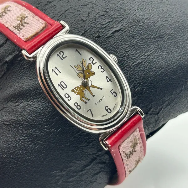 Reindeer Theme Oval Silver Tone Dial Red & Pink Band Watch Working - Image 3