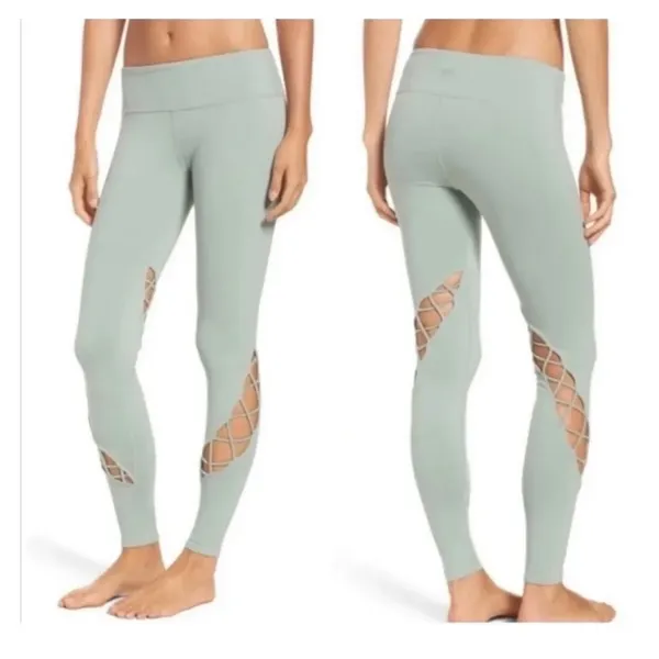 ALO Yoga Entwine Leggings‎ Sage Green Lace-Up Cutout Size S - Image 2