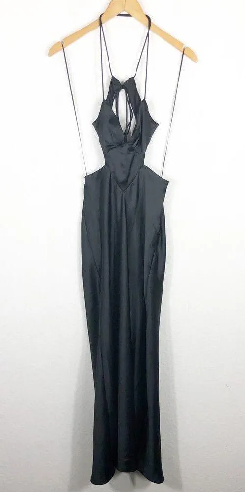 Zara Black Satin Cut Out Slip Maxi Dress Small Tie Back Cocktail Formal Wedding - Image 4