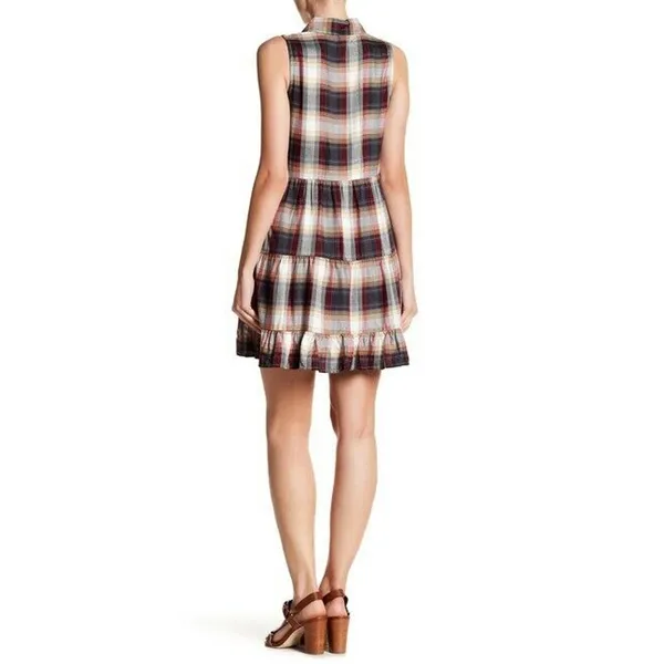 As U Wish Womens Dress Size Large Sleeveless Plaid Brown Shirt Tiered NEW‎ - Image 2