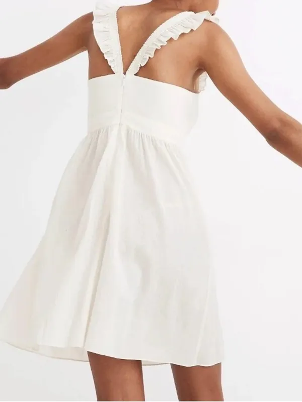 Madewell Ruffle Strap Empire Dress Ivory Cream Beige Sz 12 Cotton Blend Pockets - Image 7