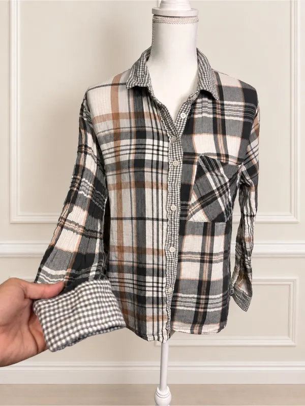 Aerie Patchwork Plaid Cotton Button Down Shirt Small Oversized Fall Top Everyday - Image 3