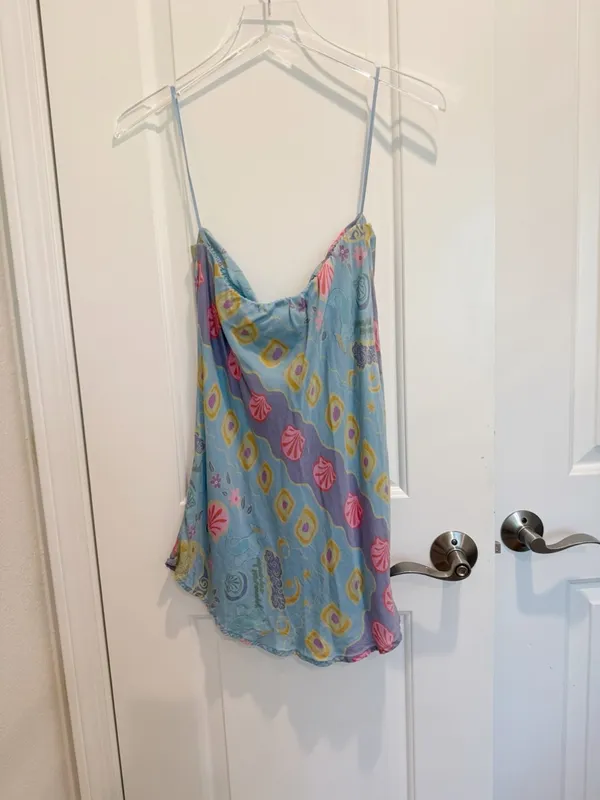 SPELL Aquarius‎ Top in Blue Seashell Print Strapless Asymmetrical Hem Festival - Image 5