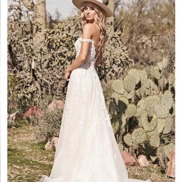 Lilian West Bohemian Off-The-Shoulder A-Line Wedding Gown with Lace Size 14 - Image 6