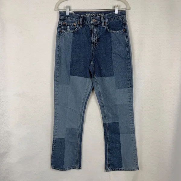 American Eagle 90s Bootcut Jeans Womens 4 Patchwork Multi Blue Denim Grunge - Image 2