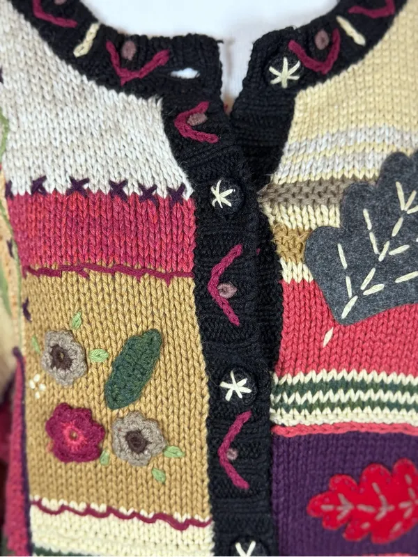 Stitches Patchwork Cardigan Embroidered Floral Boho Cottagecore Knit Sweater L - Image 2