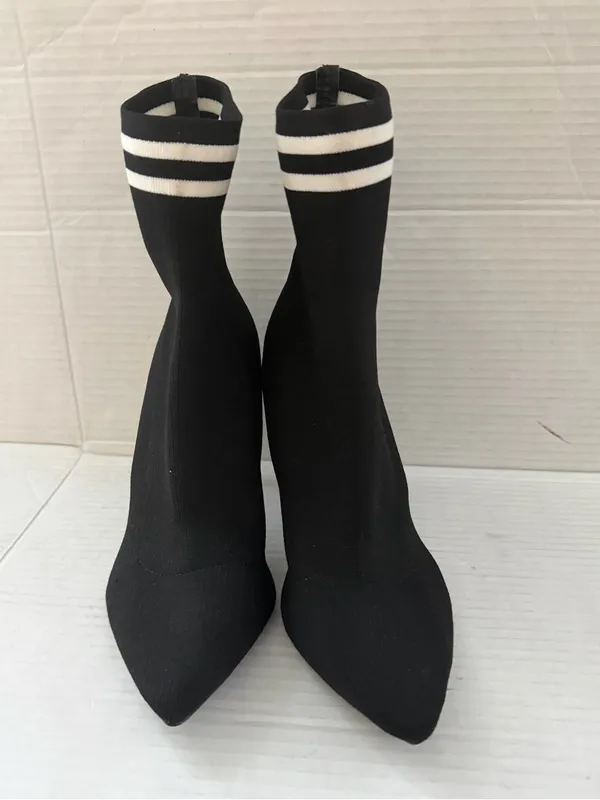 Material Girl Paisley Sock Booties fall black white stripe boots size 7 - Image 4