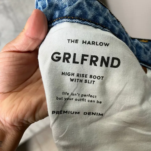 GRLFRND Harlow High Rise Boot Slit Jeans Size 32 Distressed Raw Hem Blue Diamond - Image 7