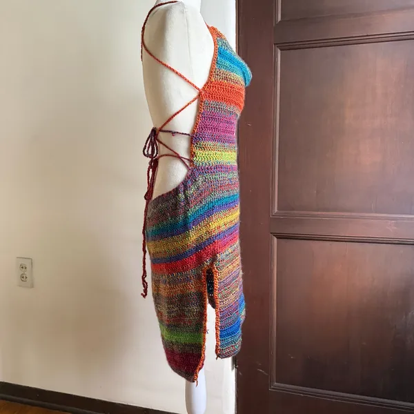 HANDMADE CROCHET Rainbow Stripe Strappy Back Mini Dress Swim Cover up M/L - Image 5
