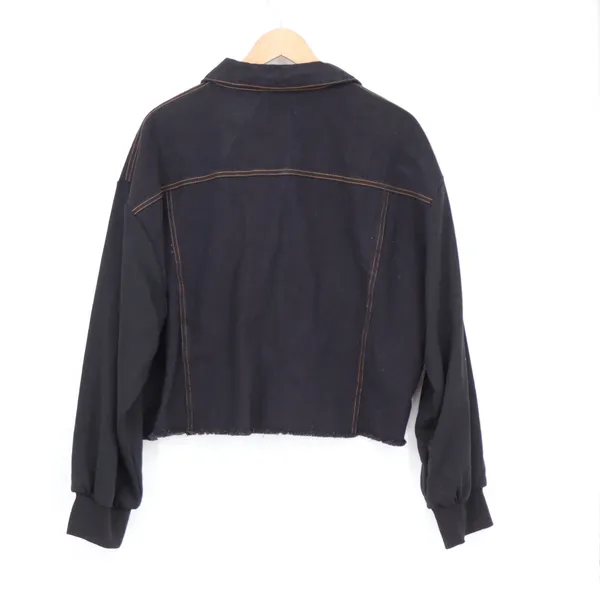 Lush Black Mixed Media Denim Trucker Jacket Raw Hem Contrast Stitch L - Image 4