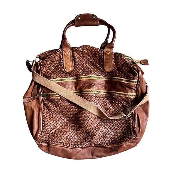 Bruno Magli Brown Woven Leather Duffle Satchel Travel Bag Made Italy Y2K - Image 2