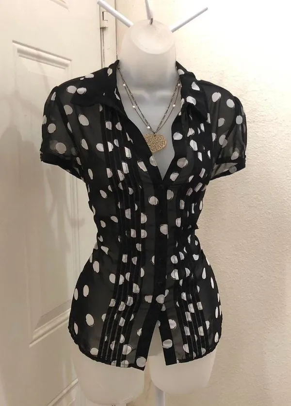 Y2K Office Siren Preppy Vixen Black White Polka Dot Corset Fit Sheer Blouse Shirt Top Button Up Down Short Sleeve blouse #whimsi #gothic #whimsygoth Size 8 - Measurement in pics - Image 2
