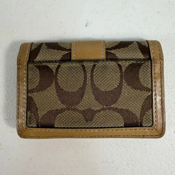 Coach Card Holder Signature Jacquard Leather Trim ID Holder Window Brown‎ Tan - Image 7