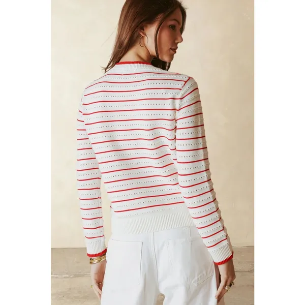 27 Miles Malibu Leah Cotton Striped Crew Sweater in Cloud White Flame red NEW XS - Image 4