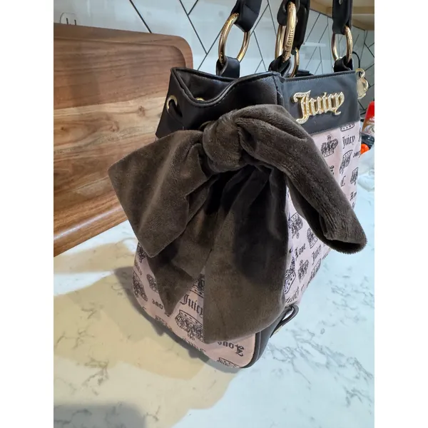 Vintage Juicy Couture Large Daydreamer Tote Bag brown pink crown pattern bow - Image 4