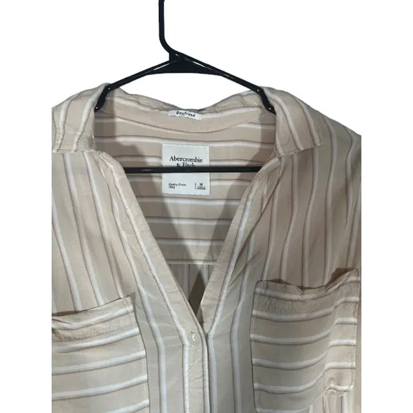 Abercrombie & Fitch Women Beige White Striped Knot Front Button Down Shirt Med - Image 8