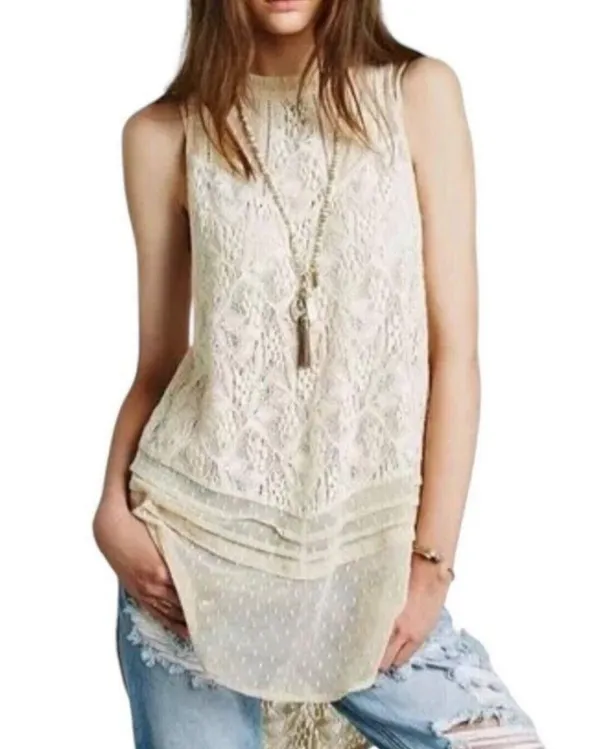 Free People Maisie Tunic Antique Ivory Lace High Neck Sleeveless Blouse Tank - Image 5