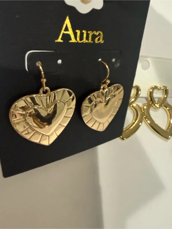 2 pair Aura Gold Heart Drop Earrings stainless steel dangle cute statement gift - Image 4