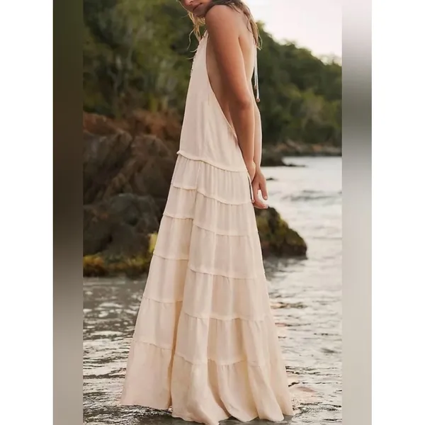 NWT Free People Somewhere Sunny Drop Waist Tiered Open Back Halter Maxi S NWT - Image 2