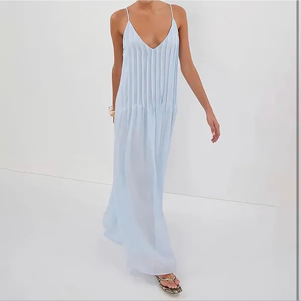 NEW Blue Cotton Pleated Spaghetti Strap Vacation Maxi Dress M - Image 6