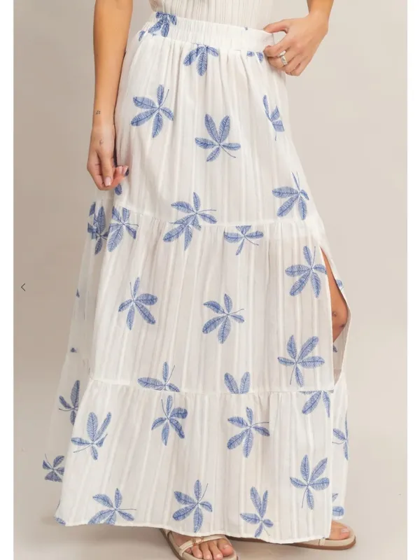 HYFVE Blue Botanical Vacation Tiered Maxi Skirt Side Slit Large - Image 6
