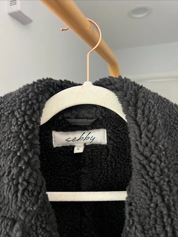 Sebby Black Washed Black Teddy Lined Aviator Bomber Style Full Zip Jacket M - Image 5