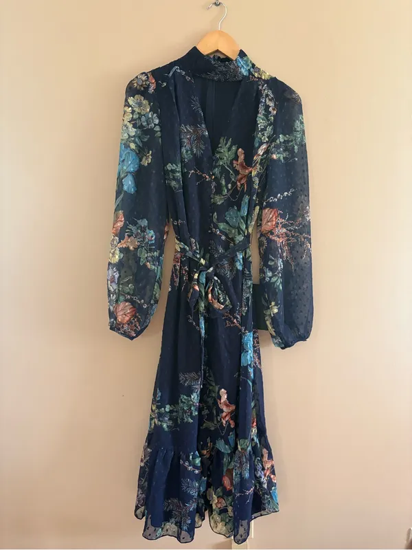 Lulus Fallyn Navy Floral Swiss Dot Long Sleeve Midi Dress Size Medium Tie Waist - Image 5