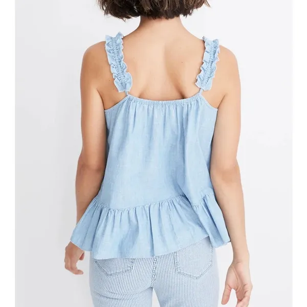 Madewell Sleeveless Denim Ruffle-Strap Peplum Cami Tank Top Blue Haddon Wash 12 - Image 2
