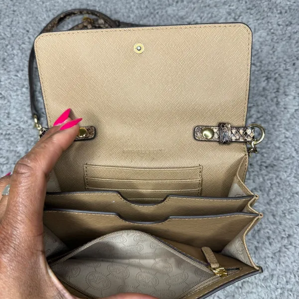 Michael Kors Jet Set Snakeskin Embossed Leather Crossbody Bag Brown Gold Tone - Image 3