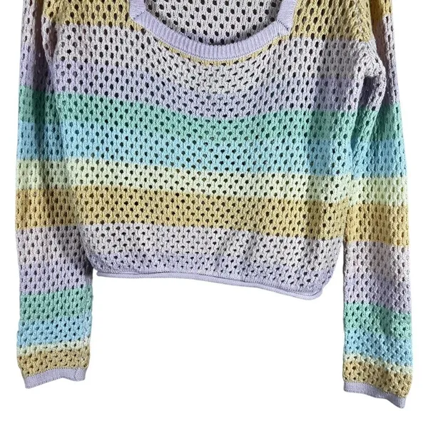Pink Lily Pastel Striped Crochet Scoop Neck Sweater Multicolor Colorful Size XL - Image 4