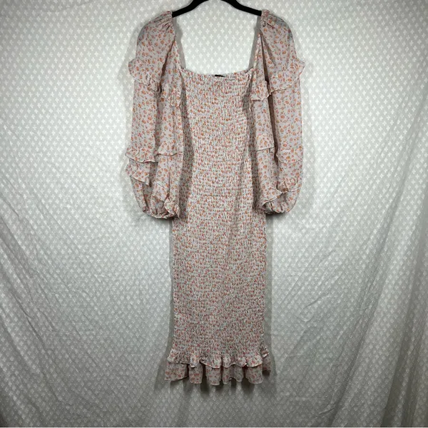 Petal + Pup Orange White‎ Smocked Puff Sleeve Midi Dress - Image 6