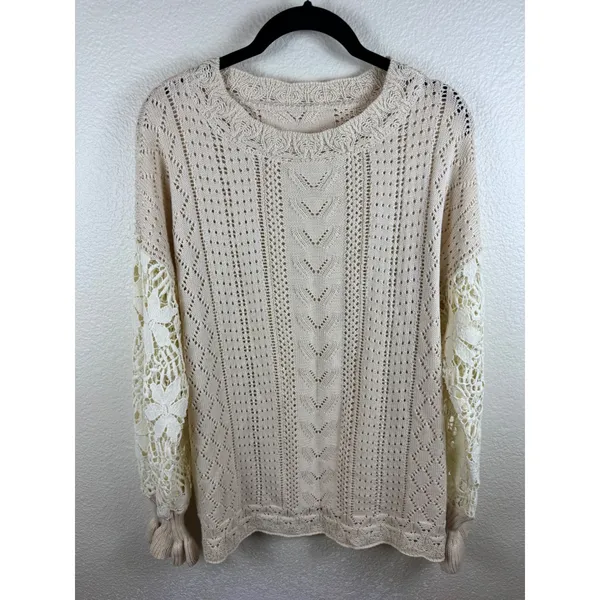 Lace Crochet Long Sleeve Hollow Out Knit‎ Sweater Pullover Top Pointelle L Boho - Image 2