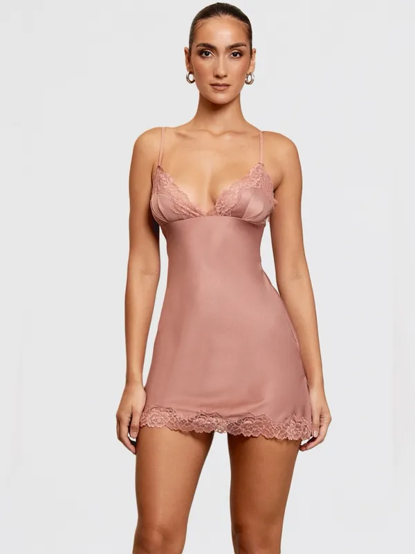 House of CB Nia Rose Pink Satin & Lace Slip Dress M - Image 2