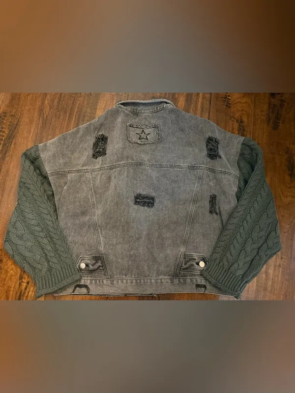 POL Washed Charcoal Black Distressed Denim Jacket with Dark Knit Sleeves Large - Image 5