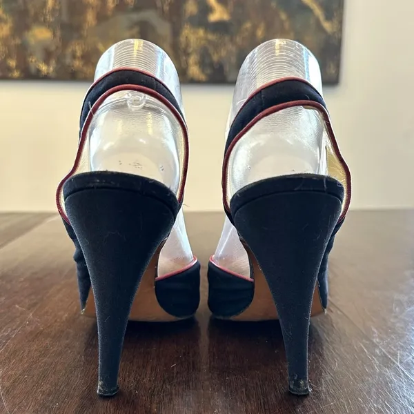 Casadei Vintage Navy Silk Slingback Heels Pink Leather Piping Women’s Size 9 - Image 4