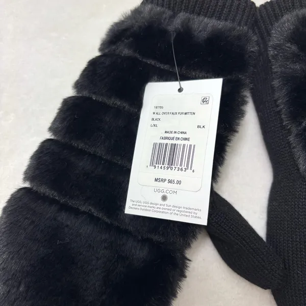 UGG Luxe BLACK‎ FAUX FUR FUZZY WOOL BLEND MITTENS WITH SHERPA LINING size L/XL - Image 2