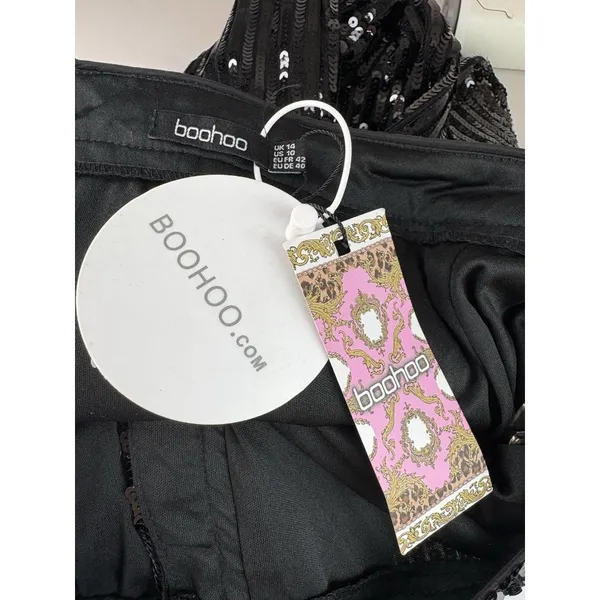 *New Boohoo Sequin Wide Leg Trouser Pant Womens 14 Black Cocktail Party Festive - Image 6
