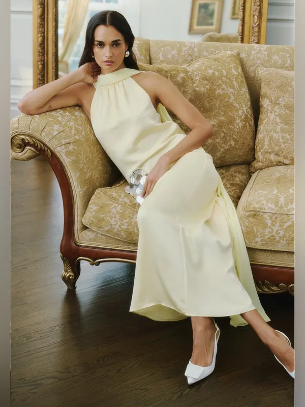 NWT Few Moda Alessia Maxi Dress size XL butter yellow halter o.p.t scarf - Image 2