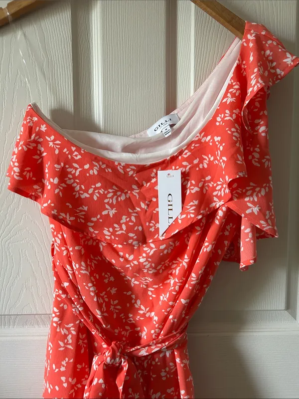 Gilli Sunday Best Floral Ruffle One Shoulder Coral Belted Dress Sz Med Fairycore - Image 6